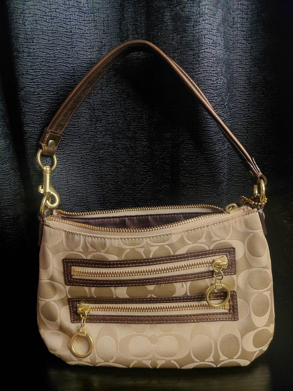 COACH Poppy Signature SMALL Leather Hand Bag Beige Brown  Used